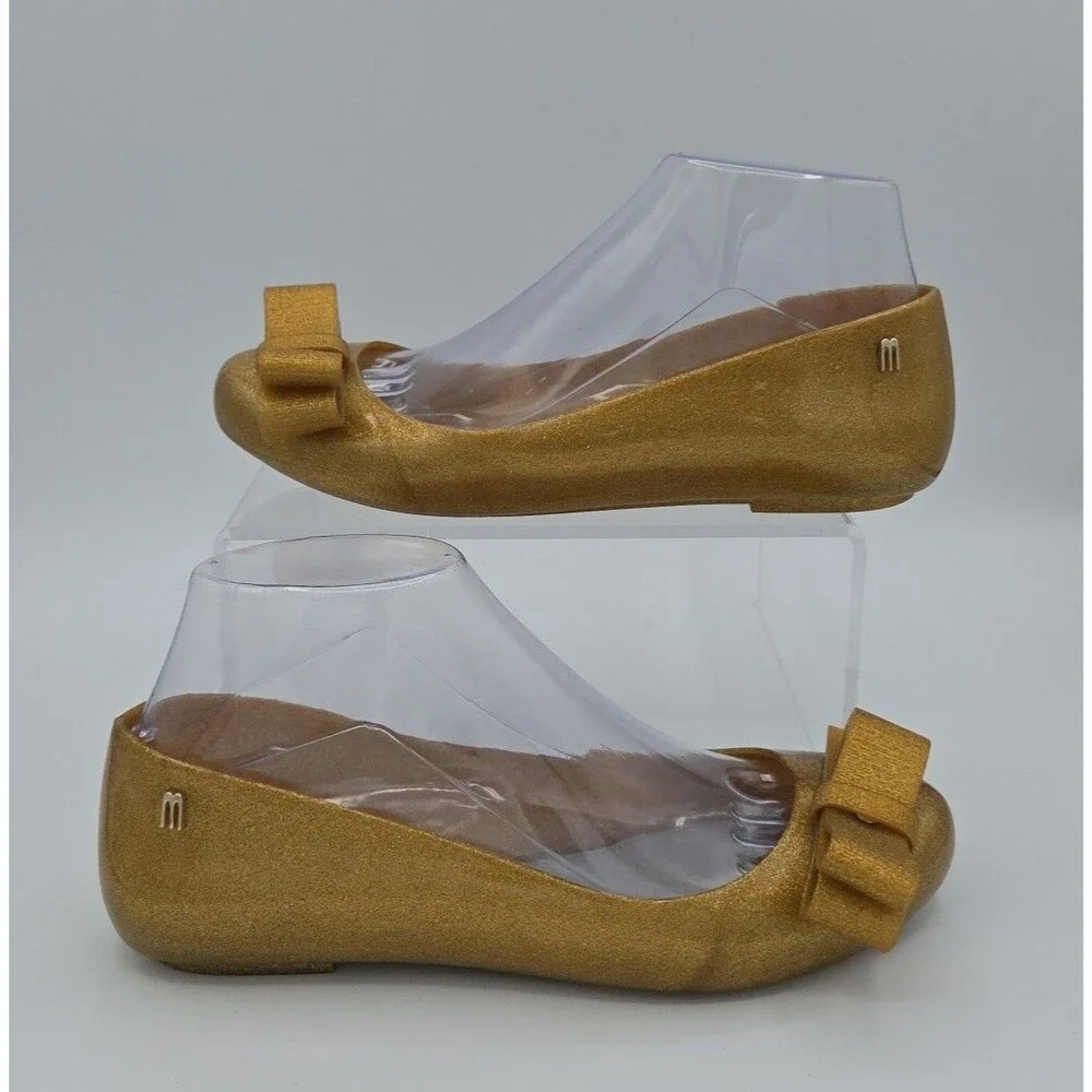 Jason Wu X Melissa Gold Glitter Bow Jelly Ballet Flats Women's SZ 7 Loafers EUC